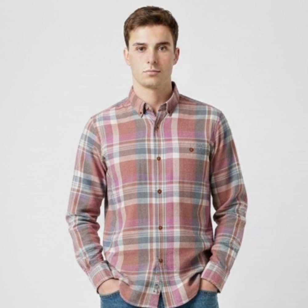 Weatherproof Vintage Men‎ L Plaid Button Down Shirt Red Pink Blue Long Sleeve